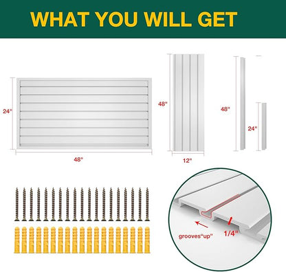 Yuzzy Slat Wall Paneling 2 x 4ft, Garage Slatwall Panel Wall Storage Systems, Heavy Duty PVC Garage Wall Organization (White)