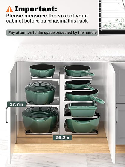 MUDEELA 8-Tier Pots and Pans Organizer under Cabinet, 15.83" Height Heavy Duty Pot Pan Organizer Kitchen Cabinet Organization and Storage, Adjustable Pot Rack for Frying Pan, Cast Iron Skillet, Sliver