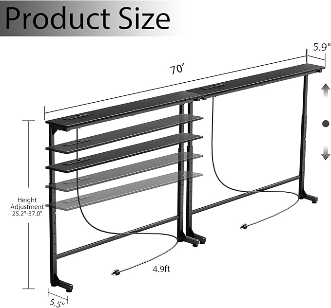 70 inch Narrow Console Table with Outlet,Adjustable Height(25"-37") Behind Sofa Table,Couch Behind Table Skinny,Couch Shelf with Charging Station,Long Entryway Tables for Living Room,Black
