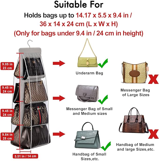 Lirex Handbag Hanging Purse Organizer for Closet, 8 Pocket Handbag Storage Organizer Hanger Oxford Cloth Closet Organizer for Family Closet Bedroom, Foldable and Universal Fit, Light Pink
