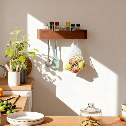 Wall Coat Rack Floating Shelves Modern Coat Rack Wall Mount with Storage Entryway Shelf Wooden Hanger 20 Inch 4 Hidden Metal Hooks for Living Room Bedroom (Walnut Color, 5 Hooks)