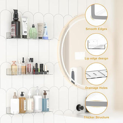 4 Pack Floating Shelves – Clear Acrylic/PET Wall-Mounted No Drill Storage with Adhesive, Invisible Bathroom & Bedroom Shelving for Kitchen, Living Room, Transparent Decor