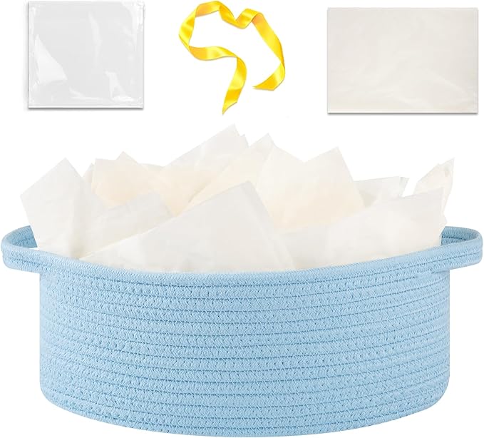 OIAHOMY Gift Basket with Handle, Small Woven Basket with Gift Bag, Ribbon and Wrap Tissue Paper, Nursery Bins Empty to Fill with Small Items, Baby, Pet Toy Organizer - Blue