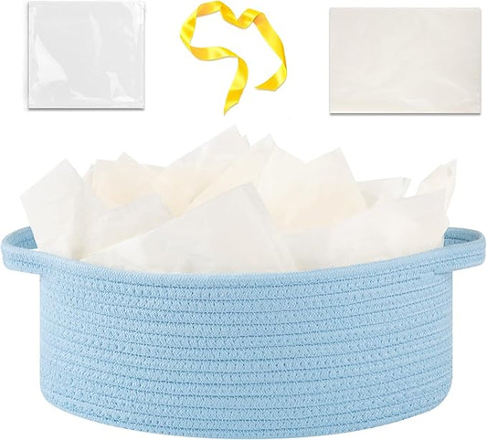 OIAHOMY Gift Basket with Handle, Small Woven Basket with Gift Bag, Ribbon and Wrap Tissue Paper, Nursery Bins Empty to Fill with Small Items, Baby, Pet Toy Organizer - Blue