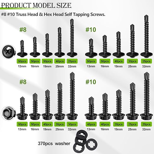 mxuteuk 1170PCS #8#10 Self Tapping Screws for Metal,410 Stainless Steel Self Drilling Screws,Truss Head & Hex Head 1/2" to1-1/4'' Self Tapping Screw for Plastic(800pcs Screw+370pcs Washer)
