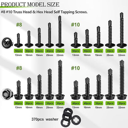 mxuteuk 1170PCS #8#10 Self Tapping Screws for Metal,410 Stainless Steel Self Drilling Screws,Truss Head & Hex Head 1/2" to1-1/4'' Self Tapping Screw for Plastic(800pcs Screw+370pcs Washer)