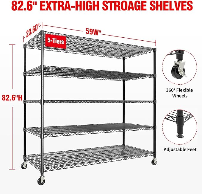 5-Tier Metal Storage Shelving Unit, 3300 Lbs Load Capacity Heavy-Duty Shelf Organizer, Adjustable Wire Rack Shelves for Garage, Pantry & Kitchen, 82.6" h x 59" w x 23.6" d