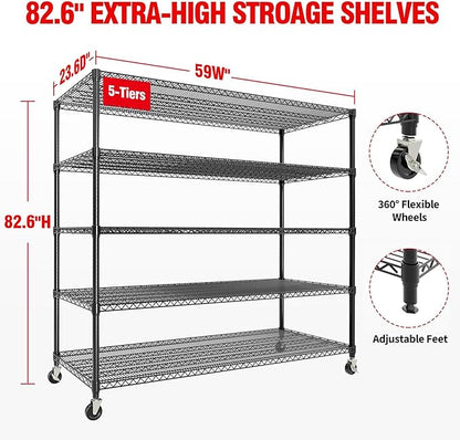 5-Tier Metal Storage Shelving Unit, 3300 Lbs Load Capacity Heavy-Duty Shelf Organizer, Adjustable Wire Rack Shelves for Garage, Pantry & Kitchen, 82.6" h x 59" w x 23.6" d