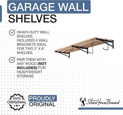 StoreYourBoard 24 Inch Heavy Duty Shelf Brackets, Set of 3 for 2' x 8' DIY Garage Wall Shelf, Holds 450 lbs, Solid Steel, Includes 5 Hooks for Hanging Storage, 23.75" x 1" x 9.5" 3-Pack