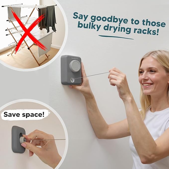 GorillaLine Max – Retractable Clothesline Indoor Outdoor, Non-Sagging Heavy Duty Clothes Drying Line, Wall Mounted Drying Rack, Air Dry Clothing, Max Tighten with GorillaGrip