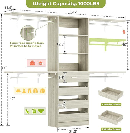 Aheaplus Closet System with Drawers, Wood Closet Organizer System with 4 Hanging Rods & Top Shelves, Walk-in Closets Organizer Wardrobe Clothes Rack, Cut Fits Spaces 4-9FT. Wide, White Oak