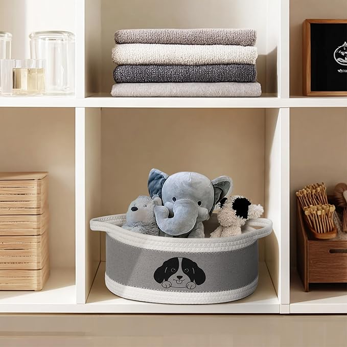Small Dog Toy Basket, Cotton Rope and EVA Puppy Toy Bin with Cute Dog Print, Pet Toy Storage Box for Living Room Nursery, Decorative Woven Storage Pet Gift Basket Empty, 13”x9”x5”