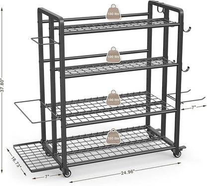 4-Tier Dumbbell Rack Stand Only, Adjustable Weight Rack for Dumbbells Kettlebells Yoga Mat, Home Gym Storage Rack with Wheels and Hooks, Powder Coated Finish