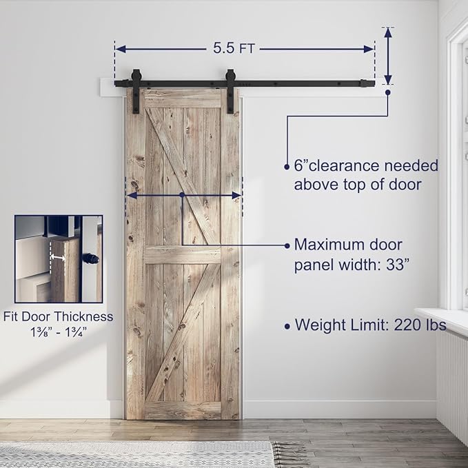 SMARTSTANDARD 5.5 Feet Heavy Duty Sturdy Sliding Barn Door Hardware Kit -Smoothly and Quietly -Easy to Install -Includes Step-by-Step Installation Instruction Fit 33" Wide Door Panel (J Shape Hanger)