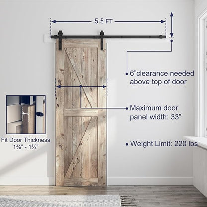 SMARTSTANDARD 5.5 Feet Heavy Duty Sturdy Sliding Barn Door Hardware Kit -Smoothly and Quietly -Easy to Install -Includes Step-by-Step Installation Instruction Fit 33" Wide Door Panel (J Shape Hanger)