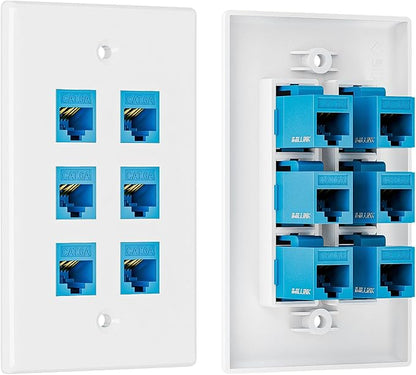 Iwillink 10Gbps Ethernet Wall Plate CAT6A, 6-Port Keystone Wall Plate and Jack Outlet, RJ45 Wall Plates with Single Gang Low Voltage Mounting Bracket - 1 Pack
