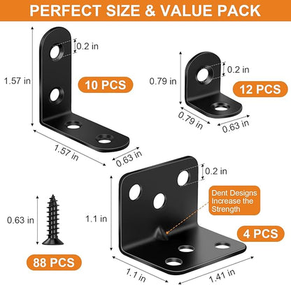 26PCS L Bracket Corner Brace Kit, 3 Sizes Stainless Steel L Brackets for Wood Shelves, 90 Degree Right Angle Bracket, Black Metal Corner Brackets for Furniture Cabinet Drawer Chair (with 88 Screws)