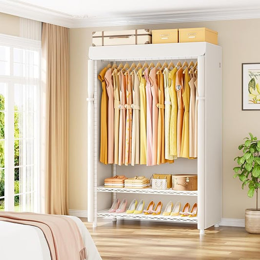 H5C Plus Clothes Rack with Cover, Portable Closet for Hanging Clothes, Covered Clothing Racks Heavy Duty, 3-Tiers Garment Rack with Shelves Max Load 370LBS White Closet Rack with White Cover