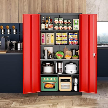 Bonusall Metal Garage Cabinets with 2 Doors and 4 Shelves, Locking Cabinet with for Tool，Steel Garage Storage Cabinets for Home Office, Warehouse，School(Black Red)