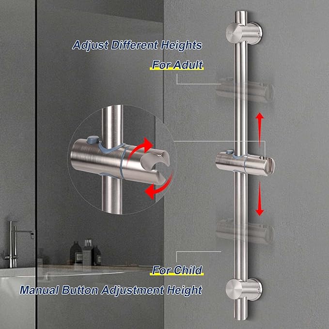 NearMoon Slide Bar with Height/Angle Adjustable Handheld Shower Holder, Bathroom SUS 304 Stainless Steel Head Holder for Bath (Screw Mounted, Brushed Nickel)