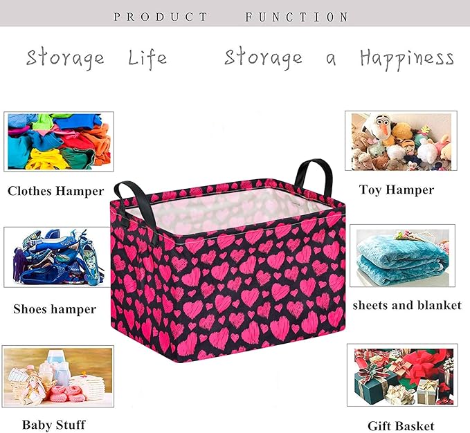 KUNRO Rectang Heart Pattern Valentine's Storage Basket Gift Shelf Basket Storage Bin, Nursery Basket Organizer Box for With Handles for Room Deco