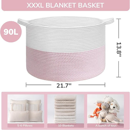 INDRESSME XXXLarge Storage Basket with Handle, Pink Laundry Basket for Nursery Stuffed Animal Storage, Baby Baskets Kids Toy Organizer, 21.7" x 21.7" x 13.8", Pink