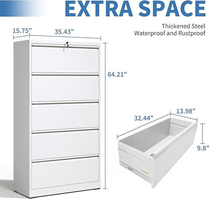 5 Drawer Metal Office Storage Filing Cabinet with Lock, White Lateral File Cabinet for Home Office, Horizontal Locking for Legal/Letter/A4, Assembly Required