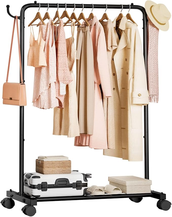 Homde Rolling Clothes Rack with Hooks: Standing Garment Storage for Indoor - Hanging Rod for Bedroom Laundry Room - Coat Dress Organizer on Wheels with luggage shelf (Black, 32")