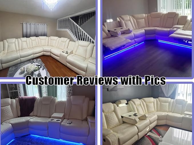 Breathing Leather Power Recliner Sectional Sofa Couch with LED Light, Living Room Furniture Sets,Creamy White Power Reclining Sectional Sofa Set with Storage Console/Cup Holder for Living Room