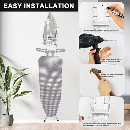 Wall Mount Iron Board Hanger，Ironing Board Storage Organizer Shelf with Iron Board Rack and Hooks for Laundry Room, Living Room, Bathroom ，Hotels