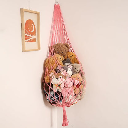 Stuffed Animal Net or Hammock Corner Hanging Net for Stuffy Animal Storage Macrame Toy Display Plush Toy Holder Wall Pet Net for Nursery Kid Bedroom Decor Playroom Organizer (Pink)