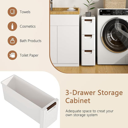 VECELO 3-Drawer Narrow Bathroom Storage Cabinet, Mobile Plastic Slim Rolling Organizer Cart with Built-in 4 Wheels for Living Room, Kitchen, Bathroom, Bedroom, Office, White(16.5" x 7.5" x 22.2")