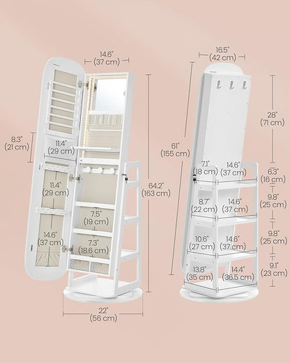 SONGMICS LED Jewelry Cabinet, 360° Swivel Jewelry Organizer, Lockable Mirror Jewelry Cabinet Standing, Rounded Wide Full-Length Mirror with Storage Shelves, Interior Mirror, Cloud White UJJC036W01