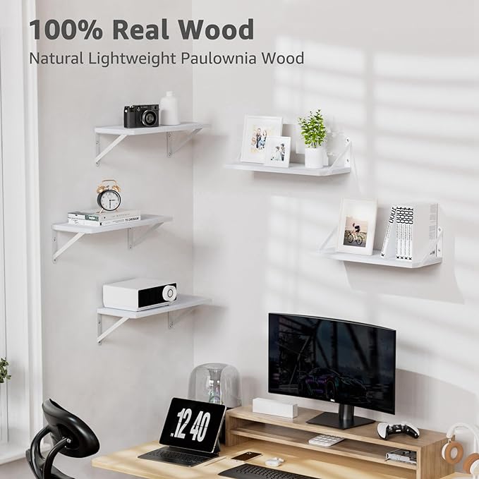 Wall Shelves 7.3" Deep Set of 2, Solid Paulownia Wood Wider Longer Sturdy Easy to Install Wall Mounted Bookshelves Storage Shelves Bathroom Storage Office Laundry Room Bedroom Organizer White