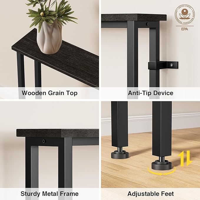 102" Narrow Console Sofa Table - 2 Power Outlets & 4 USB Ports, Metal Frame, Black, Perfect for Hallway, Office, and Behind Sofa - Easy Assembly, 4.9' Extension Cord Included