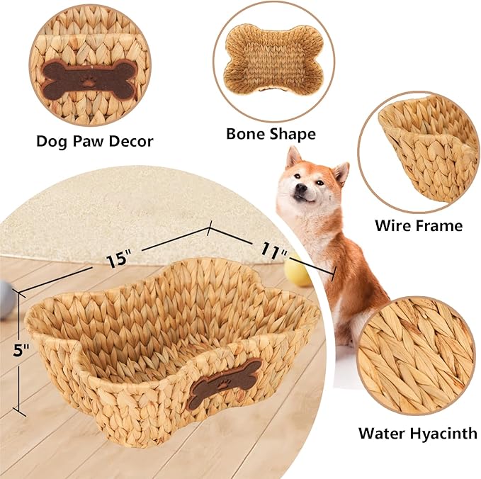 ELONG HOME Wicker Basket for Pet Toys, 2 Pack Stylish and Natural Dog and Cat Toy Basket, Dog Storage Organizer with Bone Shape