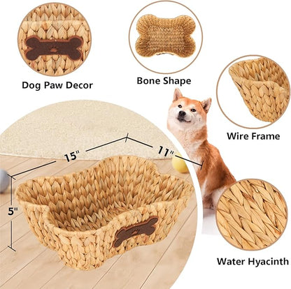 ELONG HOME Wicker Basket for Pet Toys, 2 Pack Stylish and Natural Dog and Cat Toy Basket, Dog Storage Organizer with Bone Shape