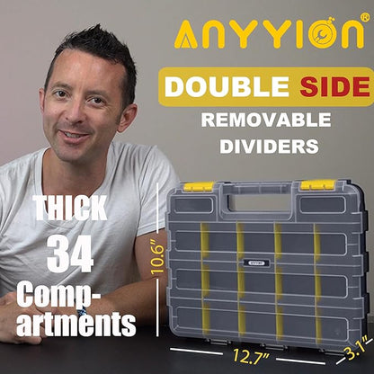 Anyyion Small Parts Organizer, 34-Compartments Double Side parts organizer with Removable Dividers for Hardware, Screws, Bolts, Nails, Beads, Jewelry. (1 PCS, Yellow)