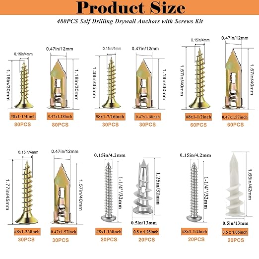 480 PCS Self Drilling Drywall Anchors Kit with Screws - 4 Sheetrock Anchors & 5 Screw Sizes (2025 Upgraded), No Drill Needed, Zinc Plated Steel and Plastic, Heavy Duty Wall Anchors