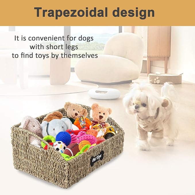 Pet Dog Toy Basket,Wicker Baskets with Built-in Handles,Dog Toy Bin,Farmhouse Puppy Toys Box,Dogs Storage Organizer for Leash Blanket Toys Snacks,Handwoven Seagrass Basket
