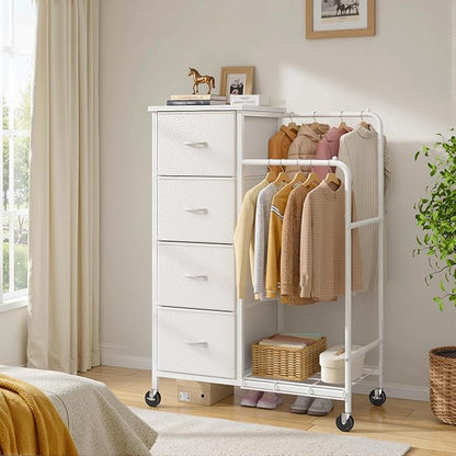 47.3" H Dresser with Hanging Rack, 4 Fabric Drawers with Double Clothes Rack & Wheels, Tall Closet Organizer Dresser for Bedroom, Entryway, White, 15.8" D x 29.9" W x 47.3" H