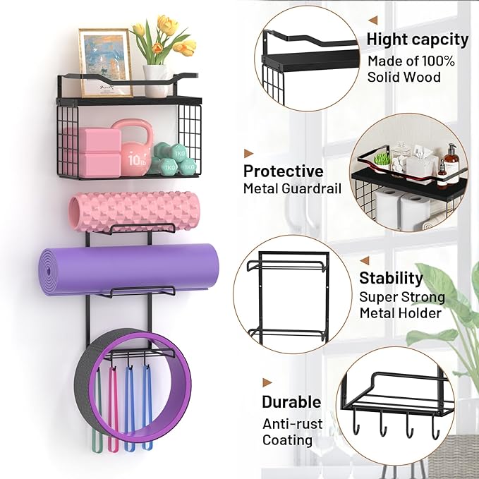 Yoga Mat Holder Black, Wall Mount Yoga Mat Storage Rack, Yoga Accessory Organizer With Wood Floating Shelves, 4 Hooks Hanging Yoga Strap & Resistance Bands, Home Gym Equipment Storage Decor