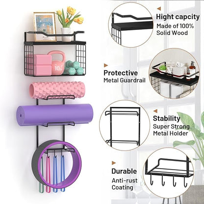 Yoga Mat Holder Black, Wall Mount Yoga Mat Storage Rack, Yoga Accessory Organizer With Wood Floating Shelves, 4 Hooks Hanging Yoga Strap & Resistance Bands, Home Gym Equipment Storage Decor