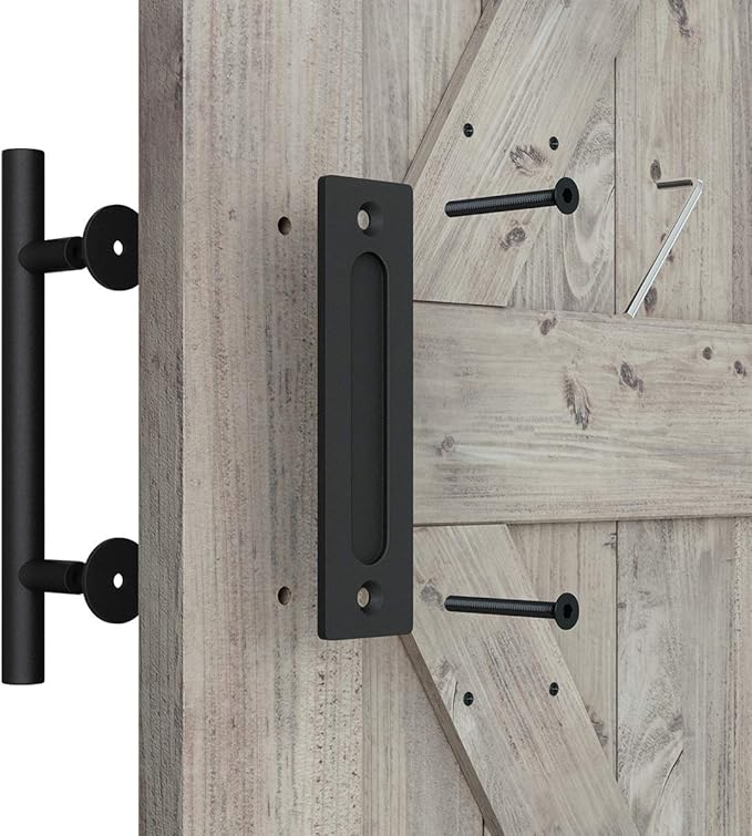 SMARTSTANDARD 12" Heavy Duty Sliding Barn Door Handle, Pull and Flush Hardware Set, Black Powder Coated Finish, Large Rustic Two-Side Design, Round