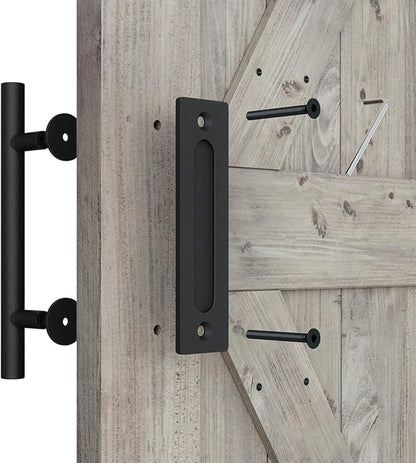 SMARTSTANDARD 12" Heavy Duty Sliding Barn Door Handle, Pull and Flush Hardware Set, Black Powder Coated Finish, Large Rustic Two-Side Design, Round