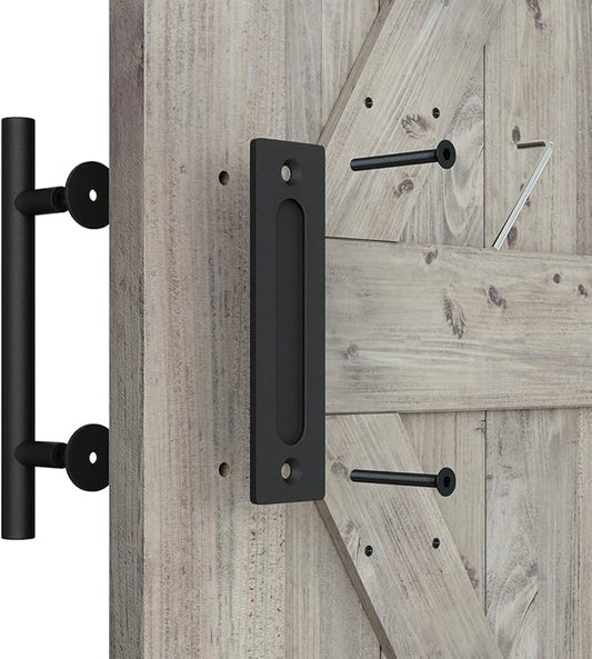 SMARTSTANDARD 12" Heavy Duty Sliding Barn Door Handle, Pull and Flush Hardware Set, Black Powder Coated Finish, Large Rustic Two-Side Design, Round