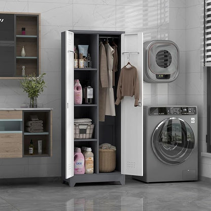 65" H Metal Garage Storage Cabinets with Doors and Shelves, Locking Cabinet, Broom Closet Storage Cabinets with Hanging Rod, Functional Tool Cabinet for Home, Garage, Kitchen