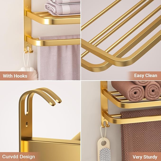 DDS-DUDES 23 Inch 3-Tier Gold Towel Racks for Bathroom with Towel Bars Multilayer Hotel Towel Shelf Stainless Steel Wall-Mounted Brushed Finish Holder with Towel Shelves