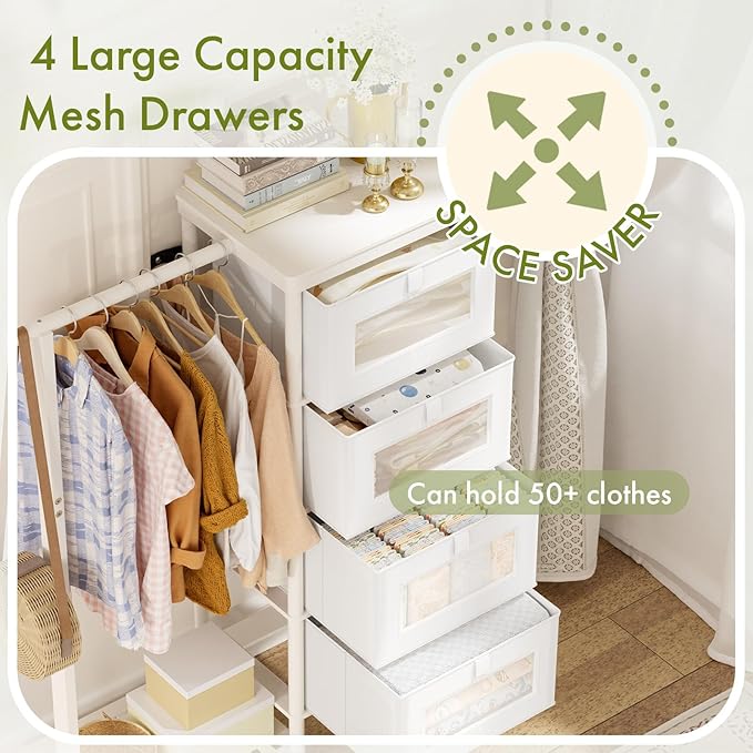 Bamboo Dresser with Hanging Rack, 4-Drawer Small Closet Organizer for Bedroom, Tall Storage Tower with Clothes Rack, Natural Wood 41.4"H x 31.3"W–Space-Saving Design, Easy Assembly （white）