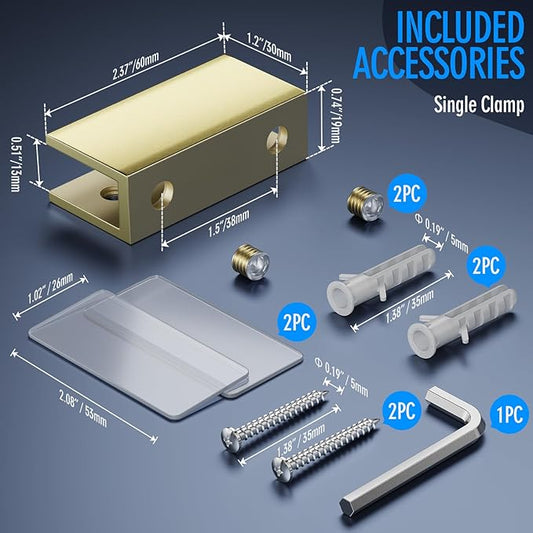 Ranbo 2 Pcs Frameless Glass Clamp Brackets for Shelf and Shower, Heavy Duty Wall Mount Rectangular Holders for 1/4" to 1/2" Panels, Matte Gold Finish Hardware